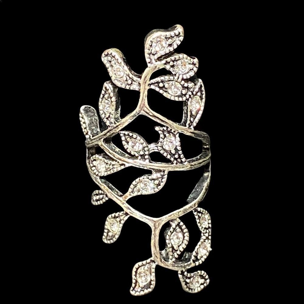 Silver tone vine ring with rhinestones marcasite style knuckle-to-knuckle